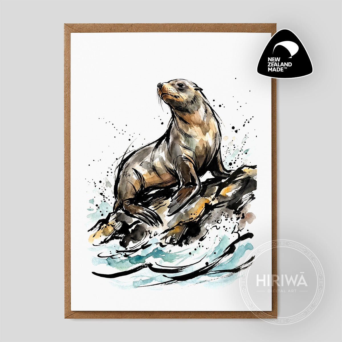 Kekeno | New Zealand Fur Seal — front of A6 Fine Art Greeting Card, Hiriwā Digital Art