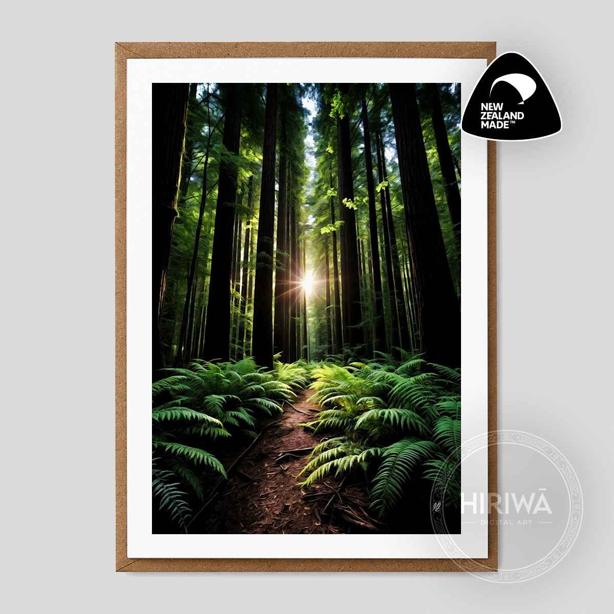 Under the Redwood Giants — A6 Fine Art Greeting Card front, Hiriwā Digital Art