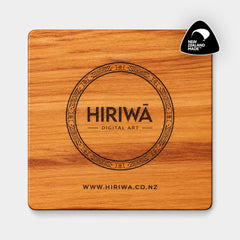 Back of handmade reclaimed rimu coaster featuring the engraved Hiriwā Digital Art logo and website