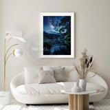 Infinite Reflections celestial night landscape print displayed as wall art.