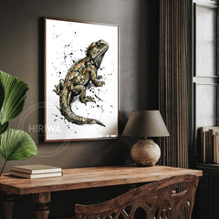 Tuatara Inked fine art print displayed in a dark room