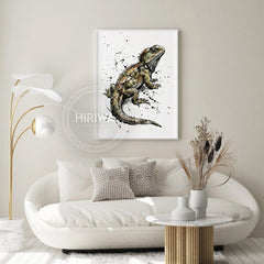 Tuatara Inked fine art print displayed in a light room