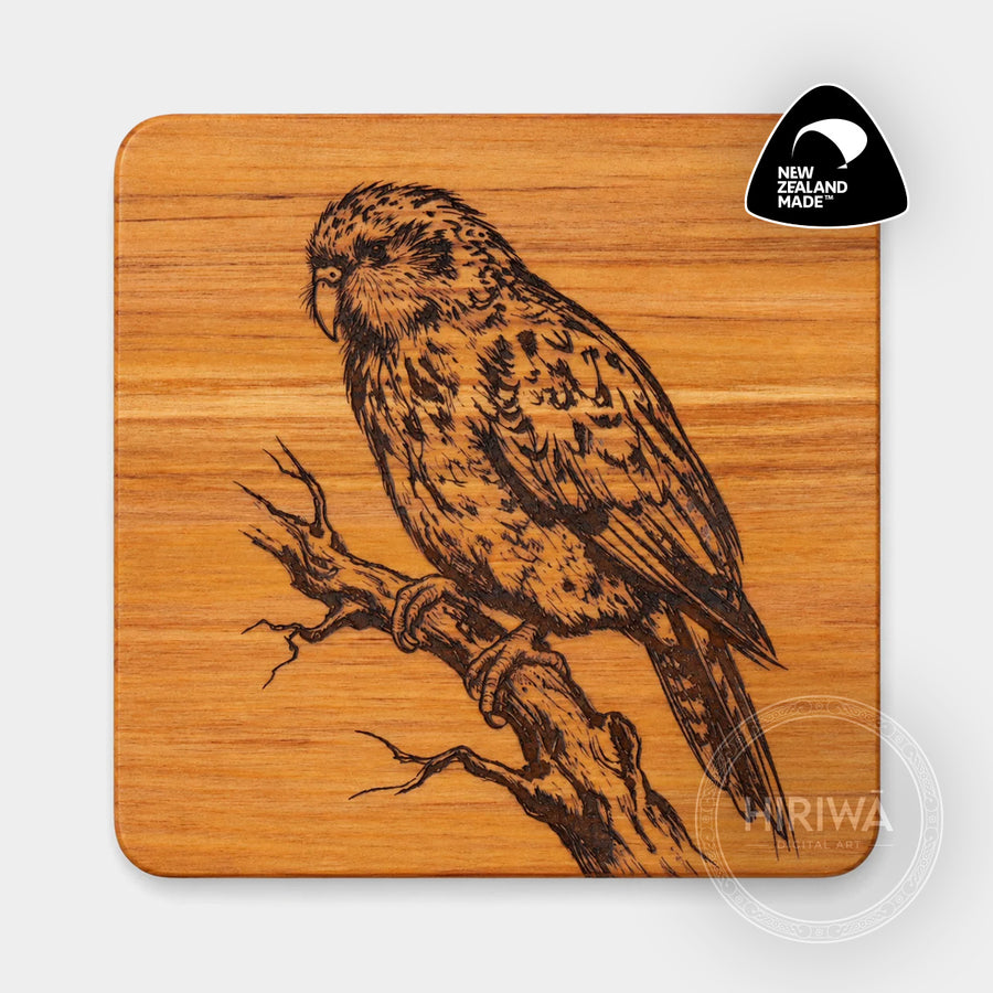 Kākāpō engraved reclaimed rimu coaster