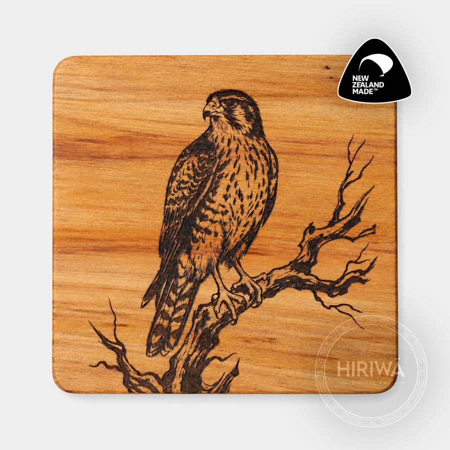 Kārearea | Falcon engraved reclaimed rimu coaster