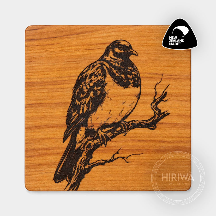 Kererū engraved reclaimed rimu coaster