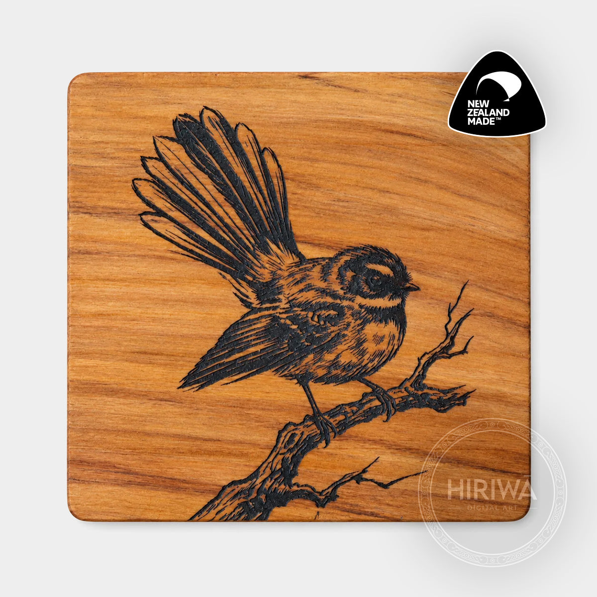 Pīwakawaka | Fantail engraved reclaimed rimu coaster